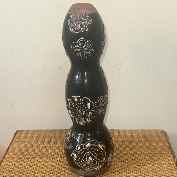 Vintage 14” Vase Hand Painted Floral Terracotta Black Folk Art Gothic Brutalist